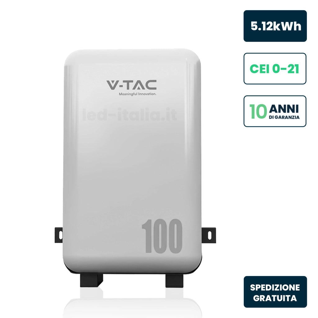V-TAC Batteria di Accumulo 5.12kWh al Litio-Ferro-Fosfato LiFePO4 BMS Integrato per Inverter Fotovoltaici CEI 0-21 51.2V 100Ah IP65 Garanzia 10 Anni V-TAC Batteria di Accumulo 5.12kWh al Litio-Ferro-Fosfato LiFePO4 BMS Integrato per Inverter Fotovoltaici CEI 0-21 51.2V 100Ah IP65 Garanzia 10 Anni